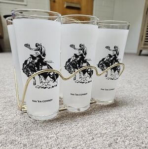 Set of 6 Frosted Cowboy Glasses with Gold Holder Caddy